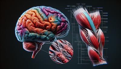 Ilustración de cerebro inflamado con diagrama de músculo debilitado.