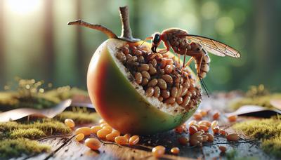 Insecto comiendo fruta con pequeñas semillas dentro.