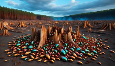 Insetos com cores mutáveis em meio a uma paisagem desmatada.