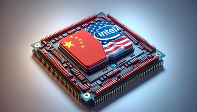 Chip Intel con tensione tra bandiere cinesi e americane.