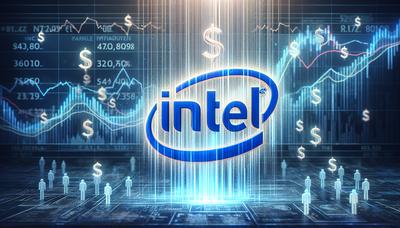 "Intel-logo met vallende dollarsymbolen en marktgrafieken"