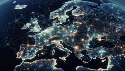 Onderling verbonden elektriciteitsnetten die de impact van de Europese energiecrisis illustreren.