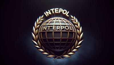 Logo dell'Interpol su uno sfondo oscuro e misterioso.