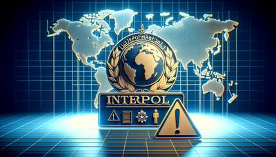 Logo da Interpol com mapa-múndi e sinal de alerta.