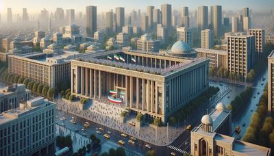 Paesaggio urbano con edifici civici relativo alle elezioni presidenziali iraniane.