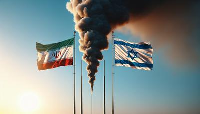 Banderas iraníes e israelíes con humo ascendente entre ellas.