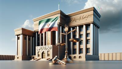 Bandiera iraniana e edificio governativo con bilancia equilibrata.