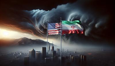 Drapeau iranien, drapeau américain, nuages ​​d'orage menaçants.