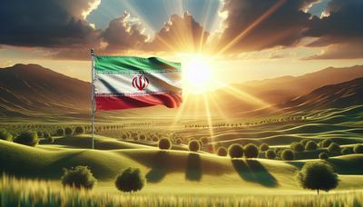 Drapeau iranien avec un paysage ensoleillé et plein d'espoir en arrière-plan.