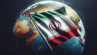 Drapeau iranien avec des icônes politiques et un globe en arrière-plan