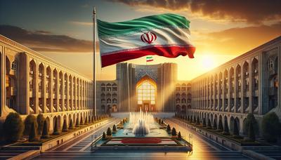 Bandeira iraniana com sol nascente atrás de prédio governamental