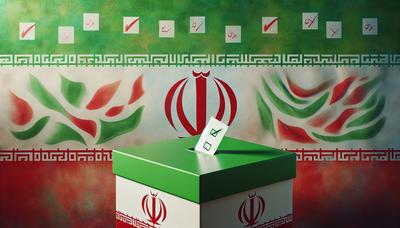 Drapeau iranien avec des symboles de vote et une urne.