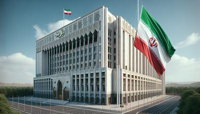 Edificio parlamentare iraniano con bandiera nazionale che sventola all'esterno.