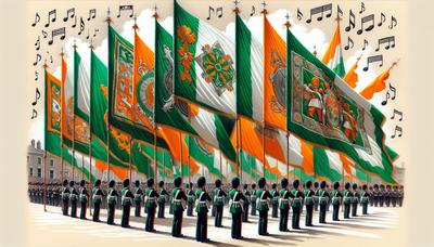 Guardia Irlandesa ensayando para el desfile con banderas ceremoniales.