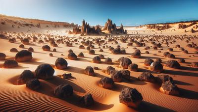 Nodules de fer dans le désert des Pinnacles sous un ciel bleu.