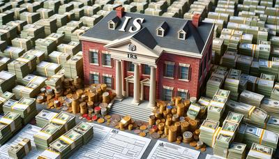 Edificio dell'IRS con pile di denaro e moduli fiscali