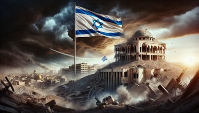 Drapeau israélien au milieu d'une structure politique en ruine et du conflit.