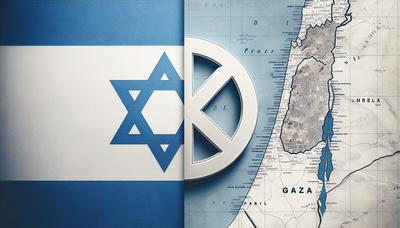 Bandeira israelense e mapa de Gaza com símbolo da paz