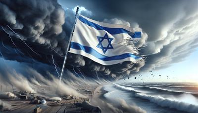 Drapeau israélien et symboles de tension politique.