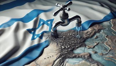 Drapeau israélien avec robinet qui fuit sur carte de Gaza.