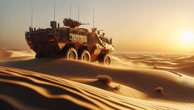 Vehículo militar israelí en terreno desértico al atardecer.