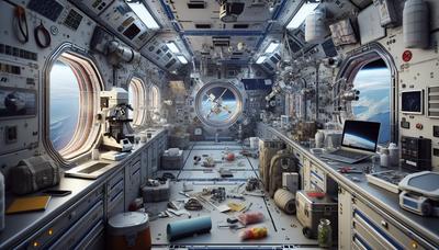 Intérieur de l'ISS avec des objets éparpillés et des outils de recherche