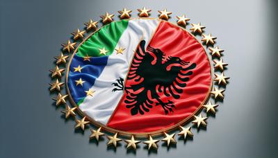 Banderas de Italia y Albania con borde de estrellas de la UE.