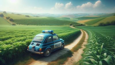 Campagna italiana con auto della polizia e campi agricoli