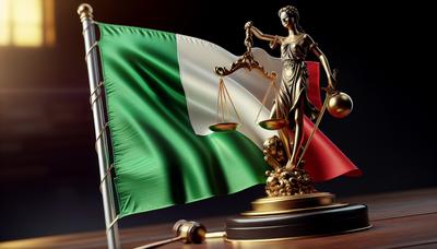 Bandiera italiana e bilancia della giustizia in equilibrio.