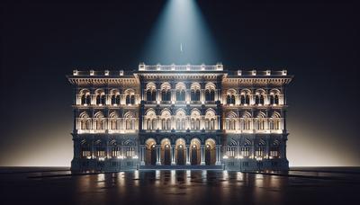 Byggnaden för det italienska parlamentet belyst av en strålkastare.

