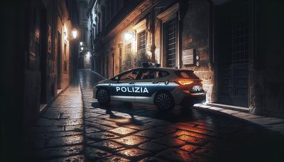 Auto della polizia italiana su una strada poco illuminata.