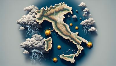 Mappa dell'Italia con simboli di nuvole di tempesta e sole.