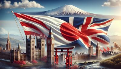 Drapeaux japonais et britannique entrelacés avec des monuments historiques