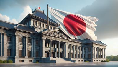 Japanse vlag met overheidsgebouw op de achtergrond.