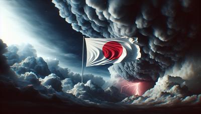 Drapeau japonais avec un ciel orageux et turbulent en arrière-plan.