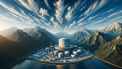 Japanse kernreactor met bergen en heldere lucht.