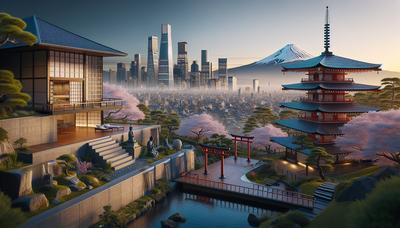 Japanse skyline met culturele iconen en luxe residentie.