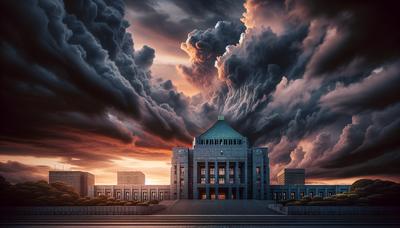 Le bâtiment du parlement japonais avec des nuages sombres au-dessus.