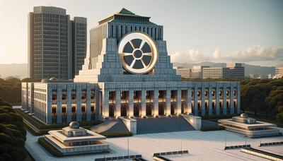 Prédio do parlamento do Japão com ícone de energia nuclear.