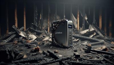 Carregador JuiceBox com danos por incêndio ao fundo.