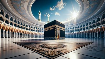 Kaaba rodeada de peregrinos bajo un cielo azul brillante.