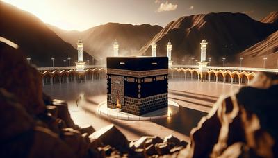 Kaaba avec des pèlerins effectuant le rituel de la lapidation à proximité.