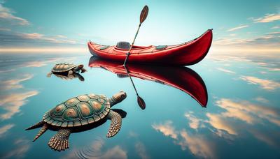 Caiaque com tartarugas atravessando um lago sereno.