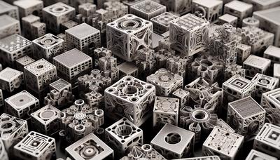 Cubos de polímero de kirigami formando componentes mecánicos de computadora.