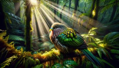 Kākāpō com penas de cores diversas na floresta.