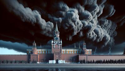 Bâtiment du Kremlin avec des nuages sombres menaçants au-dessus.