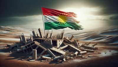 Kurdische Flagge über karger Landschaft mit zerstörten Gebäuden.