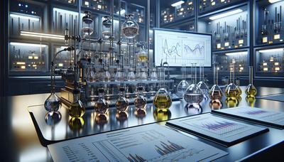 Equipos de laboratorio con muestras de combustible y gráficos científicos.