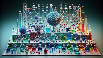 Laboratoriumflacons met kleurrijke chemicaliën en moleculaire structuren.