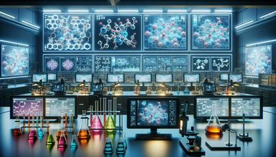 Laboratório com estruturas químicas complexas exibidas em telas.